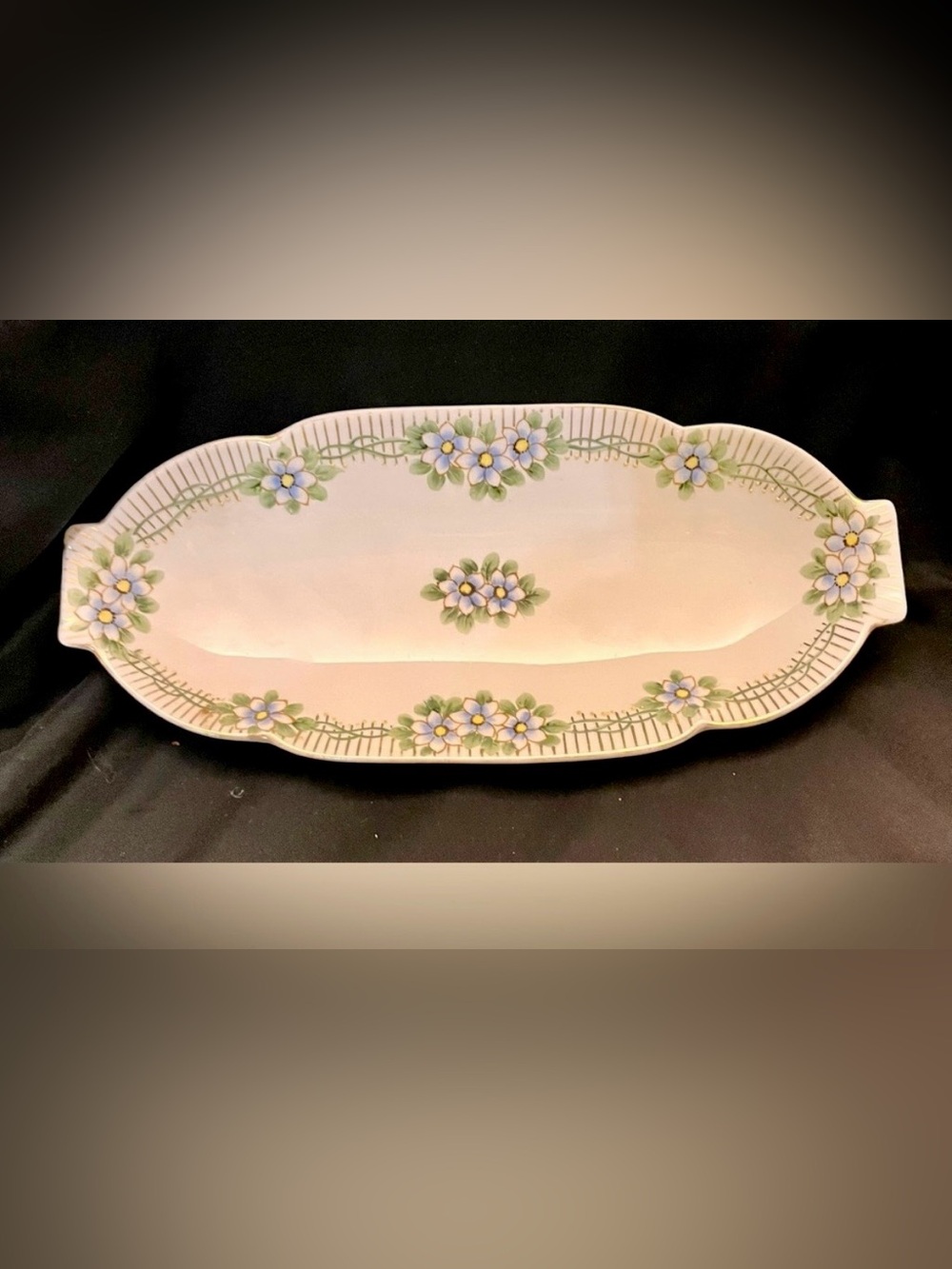 Antique Nippon Hand-Painted Forget-Me-Not Porcelain Celery Dish 22K Gold Accent